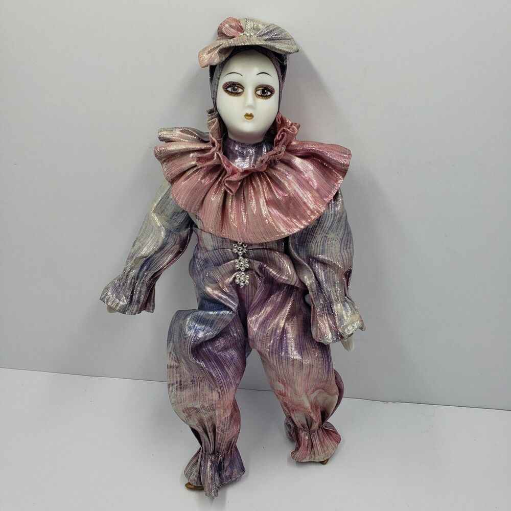Vintage Porcelain Harlequin Clown Doll Pink Purple Iridescent Pierrot Figurine
